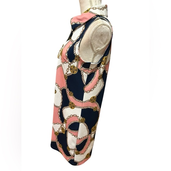 Boston Proper RETRO 60s twiggy style pink navy Sleeveless Chain Print dress - Picture 3 of 6